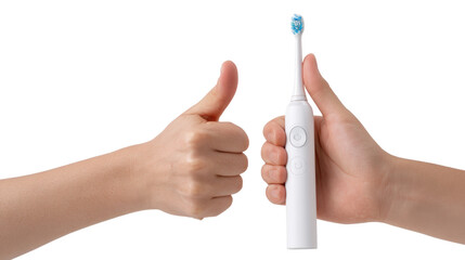 Hands giving thumbs up for a toothbrush, white isolated background