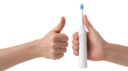Hands giving thumbs up for a toothbrush, white isolated background