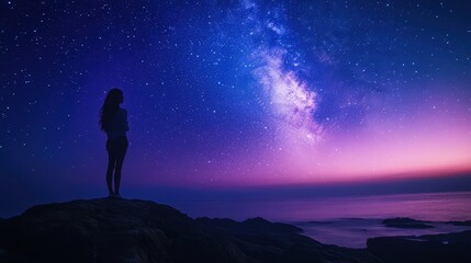 A person standing on rocks under the starry night sky and galaxy view, surrounded by calm nature and ocean waves.