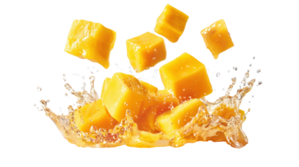 Mango cubes splashing in water, vibrant and fresh, capturing the essence of summer.