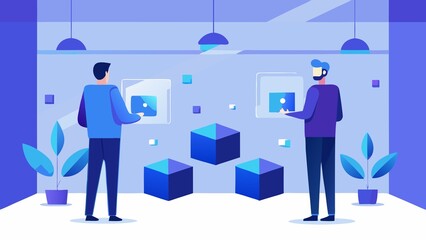 Fototapeta premium Photo of two men interact with digital interfaces in a blue room
