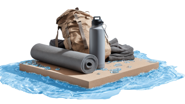 Outdoor adventure gear including backpack, water bottle, and mat on a floating surface, isolated on white background. - Powered by Adobe
