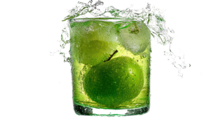 Refreshing green drink with ice and splashes, perfect for summer and cocktails.