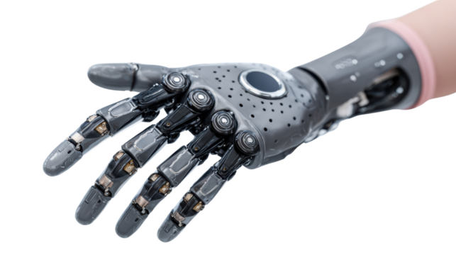 Robotic prosthetic hand with intricate design on white isolated background.