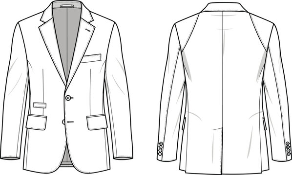 Men’s blazer jacket technical flat sketch, vector CAD template, classic suit coat fashion design with lapel and pocket details