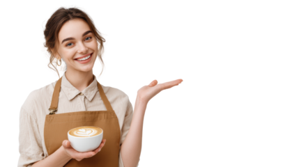 Smiling barista holds a bowl of latte art, showcasing expertise in coffee preparation.