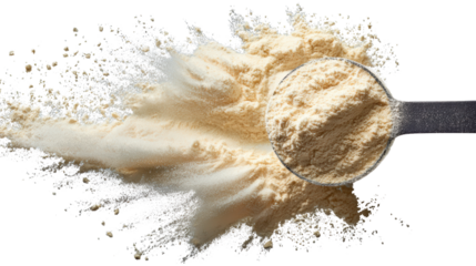 Scoop of protein powder with a dusting effect, isolated on white background.