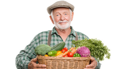 Fototapeta premium Smiling elderly man holding a basket of fresh vegetables, isolated on a white background.