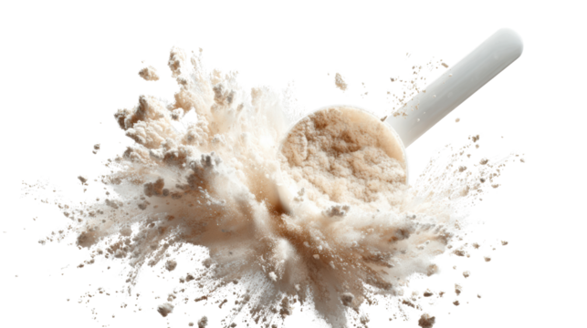 Scoop of protein powder splashing against a white background.