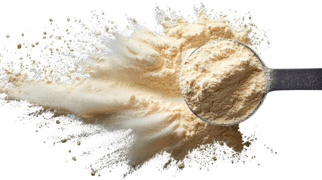 Scoop of protein powder with a dusting effect, isolated on white background.