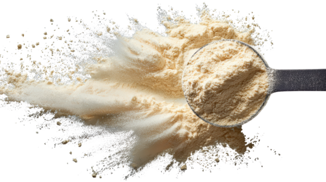 Scoop of protein powder with a dusting effect, isolated on white background.