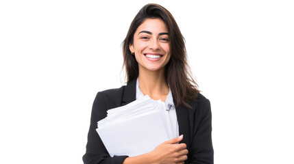 Smiling woman in business attire holding documents, white isolate background.