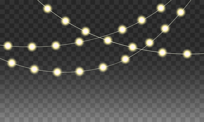 Glowing string lights on transparent background. Festive garland