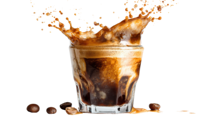 Splash of cold coffee in a glass, isolated on white background.