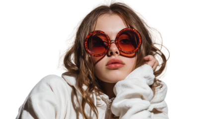 Trendy young woman in oversized sunglasses posing stylishly against white isolate background.