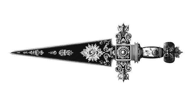 fractured iconography. | sharp edge masking | mid-century advertising | brutalist graphics | Ornate athame for ceremonial rituals & sacrifice - isolated on white background. silkscreen print