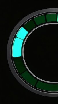 A circular neon light design with turquoise segments against a black background. The light creates a modern and futuristic aesthetic.