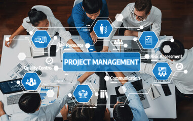A diverse team engages in project management activities, focusing on resource allocation and risk...