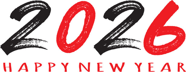 Happy New Year 2026 - hand drawn, best style, black and red, popular, vector