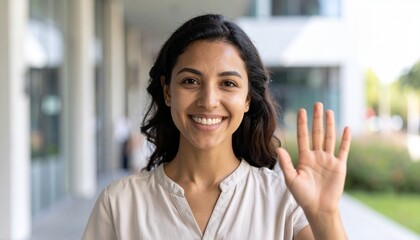 Retrato de mujer joven sonriente saludando con la mano en la calle


