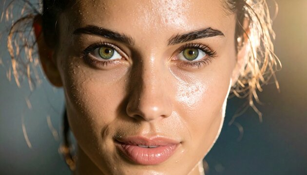 Retrato ultra realista de mujer joven atl&eacute;tica sudorosa despu&eacute;s de entrenar

