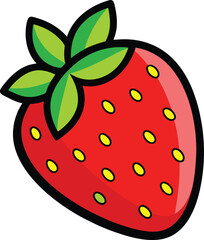 A vibrant red cartoon strawberry with green leaves and yellow seeds depicted as a delightful and simple illustration isolated on a transparent background isolated on transparent background
