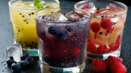 Experience the joy of summer with these delightful, colorful beverages. Each drink is packed with fresh fruits, ideal for cooling off during a hot day. Enjoy relaxation and fun