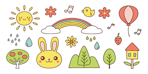 Fototapeta premium Cheerful kawaii nature features a cute yellow rabbit, rainbow, sun, and trees all together