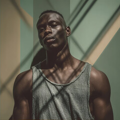 Professional photo of a young African American man, athletic build, wearing a tank top in a fashionable style, stylized, street style. Elegant calm