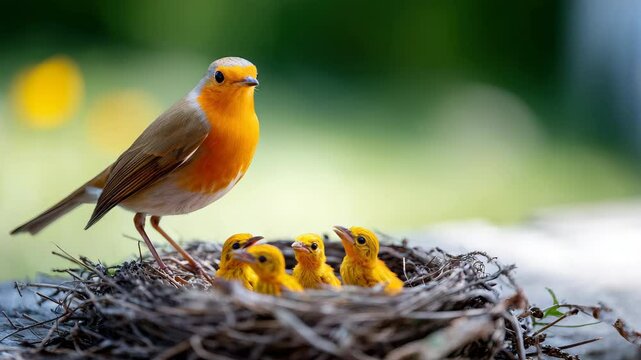 Mother bird with orange breast stands protectively on nest, feeding four yellow chicks as springtime nature and wildlife unfold, nurturing animal family in vibrant green, natural outdoor setting