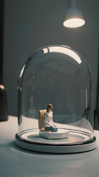 Femme assise dans une cloche sous une lampe de bureau
