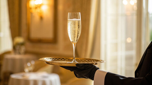Waiter in black gloves serves a glass of bubbly champagne on a golden tray