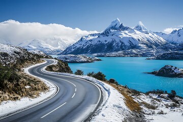 Winding mountain road alongside a vivid turquoise lake and snow capped peaks