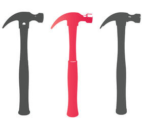Three claw hammers two gray and one red isolated on white background
