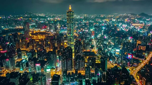 Illuminated Taipei cityscape showcasing a famous tower under the night sky, night illuminated taipei cityscape famous tower aerial panorama timelapse taiwan