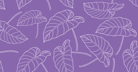 Seamless purple taro leaf pattern with delicate white line art, ideal for tropical textile prints, wallpaper designs, eco-friendly packaging, botanical themes, and elegant surface decoration.