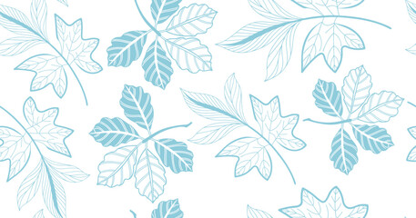 Seamless botanical leaf pattern with white hand-drawn foliage on a soft green background, perfect for nature-themed textiles, wallpaper, wrapping paper, eco design, and organic branding visuals.