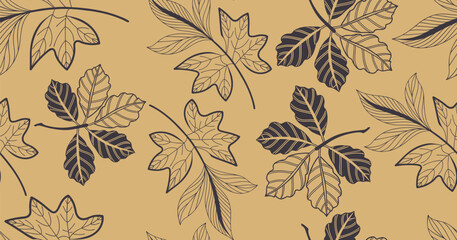 Seamless hand-drawn leaf pattern on beige background featuring intricate dark botanical outlines, ideal for vintage fabric, eco-themed wrapping, fall wallpapers, and stylish surface design.