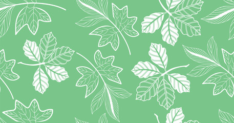 Seamless botanical leaf pattern with white hand-drawn foliage on a soft green background, perfect for nature-themed textiles, wallpaper, wrapping paper, eco design, and organic branding visuals.