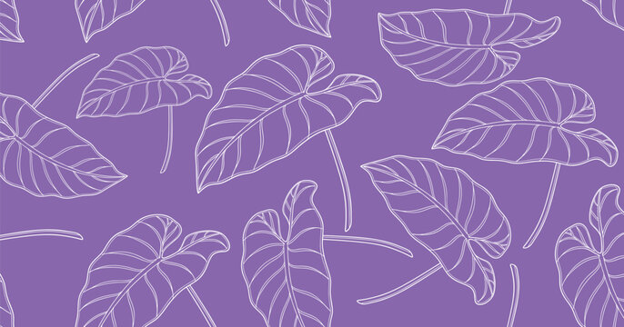 Seamless purple taro leaf pattern with delicate white line art, ideal for tropical textile prints, wallpaper designs, eco-friendly packaging, botanical themes, and elegant surface decoration.