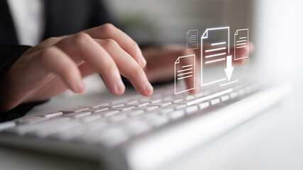 Visual representation of digital document downloading, showing file transfer, data access, and...