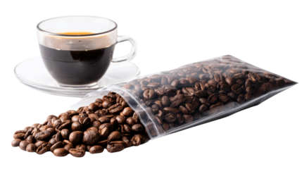 A cup of coffee with a saucer beside a bag of roasted coffee beans, white isolated background.
