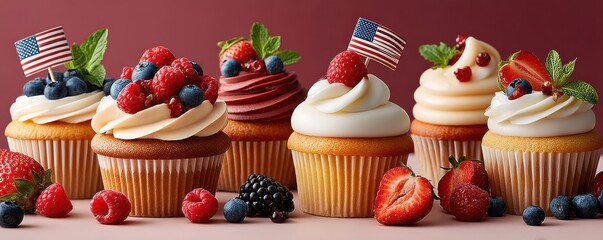 Decorative patriotic cupcakes with berries and American flags on a festive background
