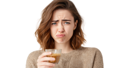 A woman with a displeased expression holds a drink in a glass, set against a white isolated background.