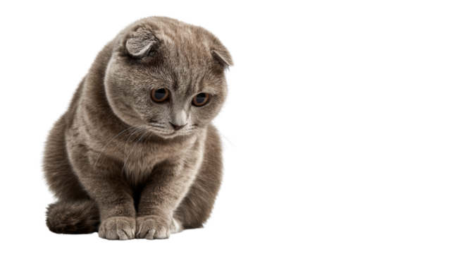 A sitting Scottish Fold cat with expressive eyes, showcasing its distinctive fold ears against a white isolated background.