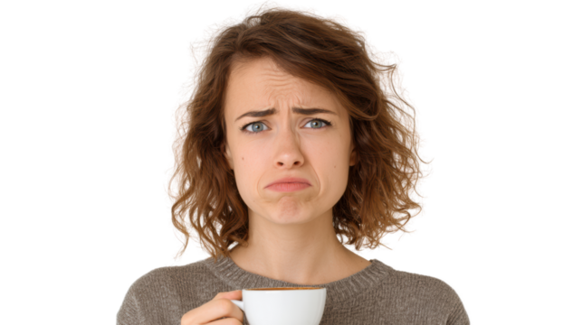 A woman with a puzzled expression holding a white cup, isolated on a white background.