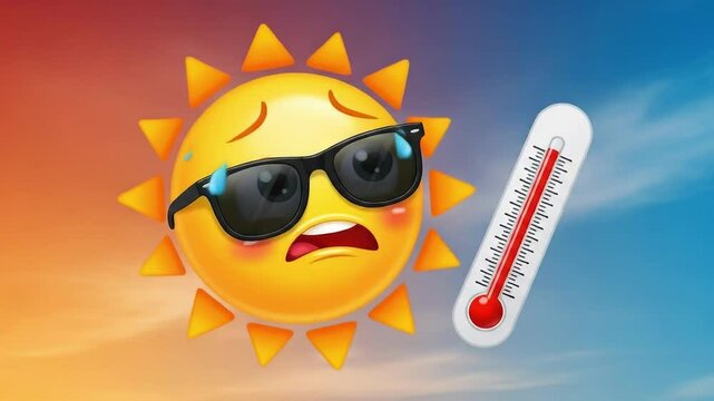 Animated sun wearing sunglasses, sweating and reacting to rising temperature on a thermometer. Symbolizes hot summer weather, high temperatures, and heatwaves