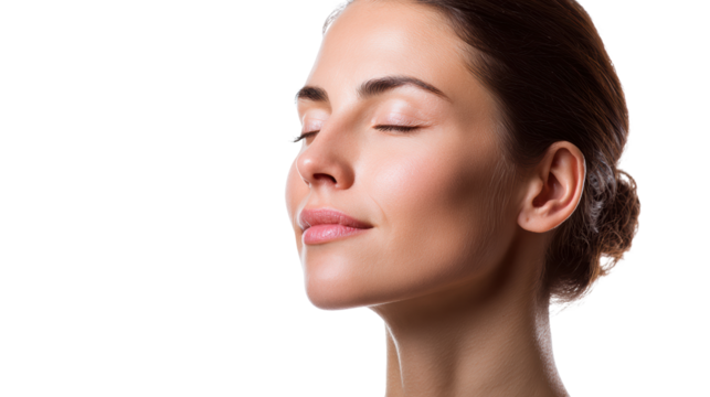Calm woman with closed eyes, enjoying relaxation and peace, isolated on white background.