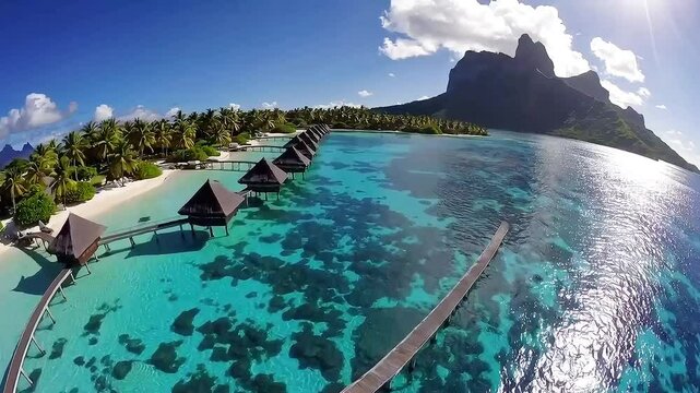 Luxury Overwater Villas on Blue Lagoon with White Sandy Beach and Otemanu Mountain, Bora Bora