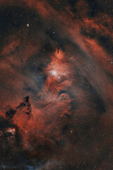 Two astronomical objects as a single object: the Cone Nebula, and the Christmas Tree Cluster